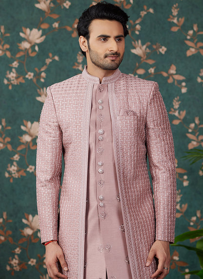 Art Silk Peach Groom Wear Thread Work Readymade Sherwani 364155