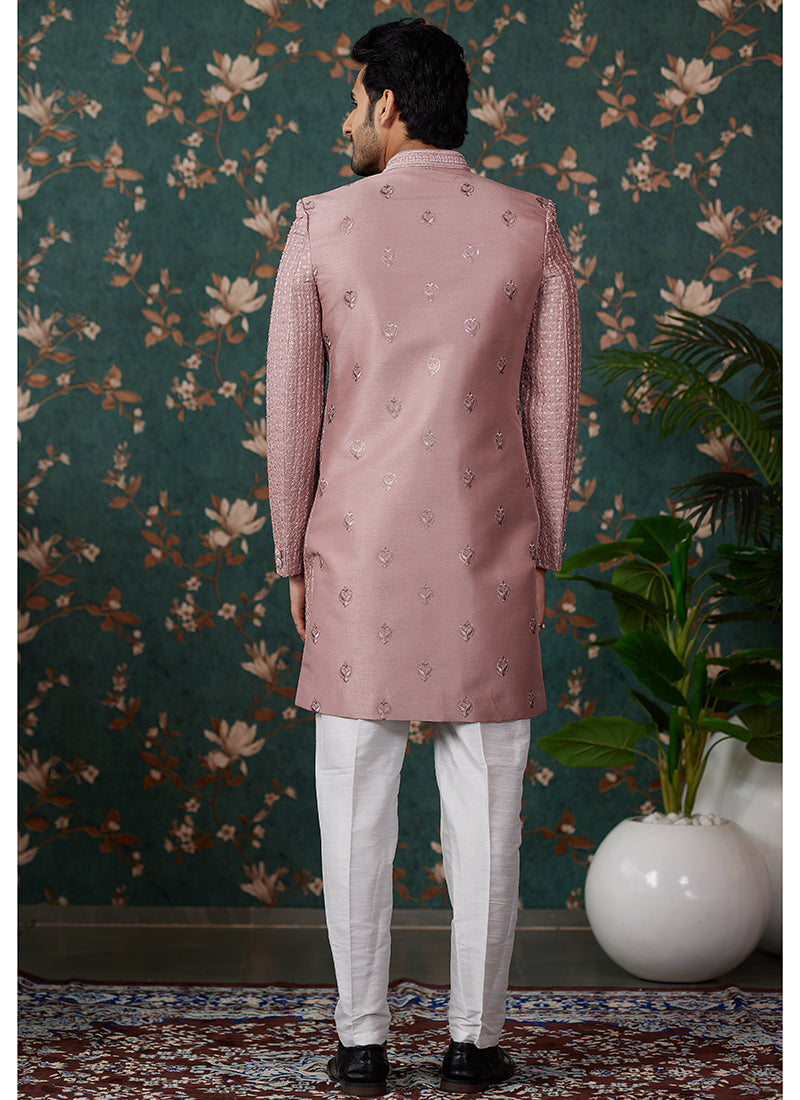 Art Silk Peach Groom Wear Thread Work Readymade Sherwani 364155