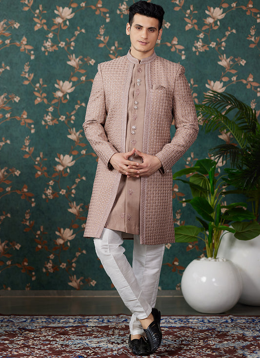 Art Silk Light Brown Groom Wear Thread Work Readymade Sherwani 364156