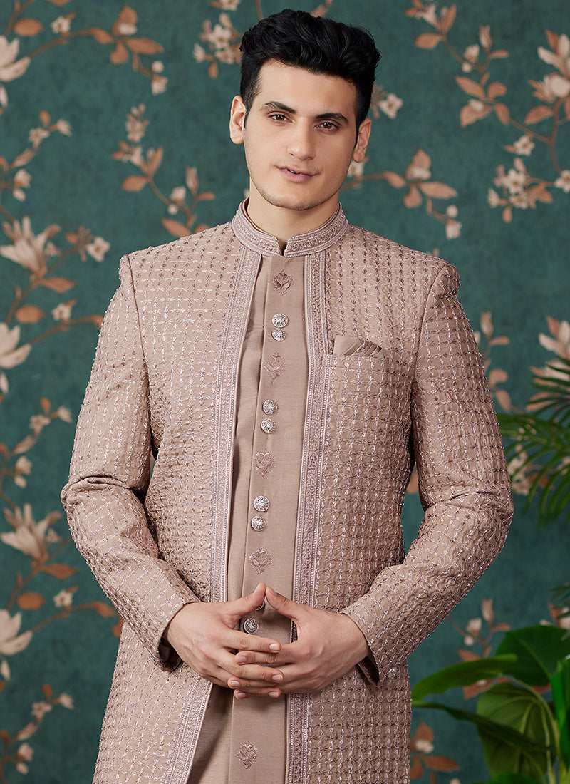 Art Silk Light Brown Groom Wear Thread Work Readymade Sherwani 364156