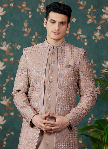 Art Silk Light Brown Groom Wear Thread Work Readymade Sherwani 364156