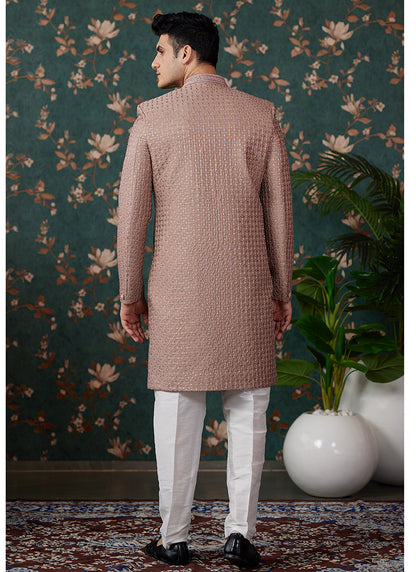 Art Silk Light Brown Groom Wear Thread Work Readymade Sherwani 364156