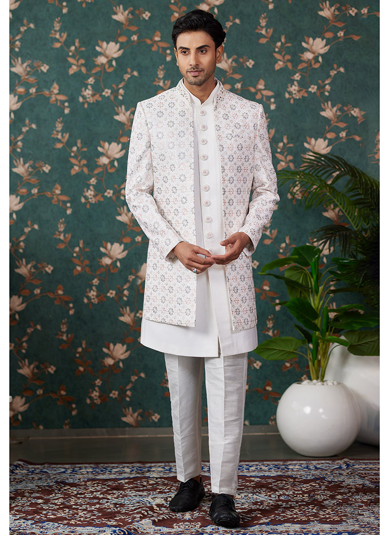 Art Silk Cream Wedding Wear Thread Work Readymade Sherwani 364158