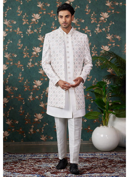 Art Silk Cream Wedding Wear Thread Work Readymade Sherwani 364158