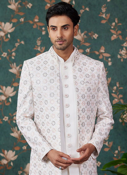 Art Silk Cream Wedding Wear Thread Work Readymade Sherwani 364158