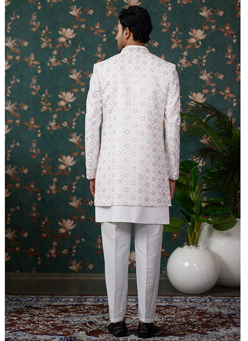 Art Silk Cream Wedding Wear Thread Work Readymade Sherwani 364158