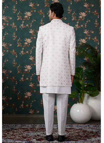 Art Silk Cream Wedding Wear Thread Work Readymade Sherwani 364158