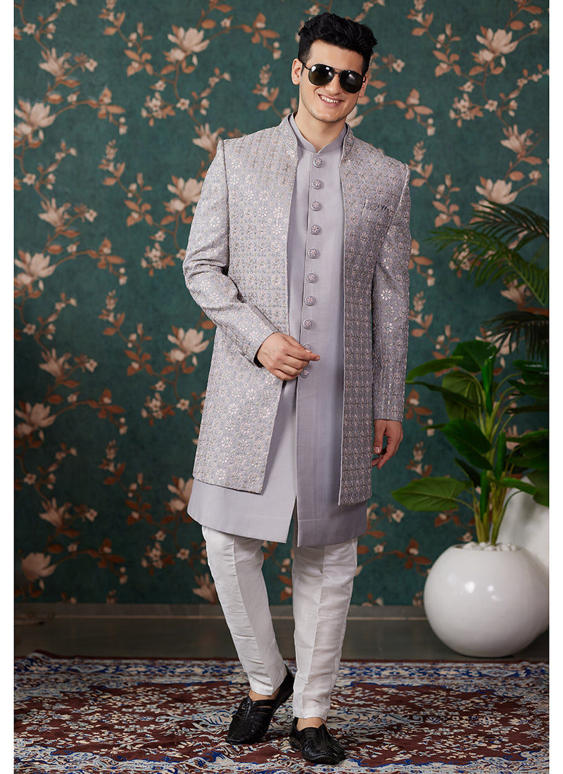 Art Silk Grey Wedding Wear Thread Work Readymade Sherwani 364159