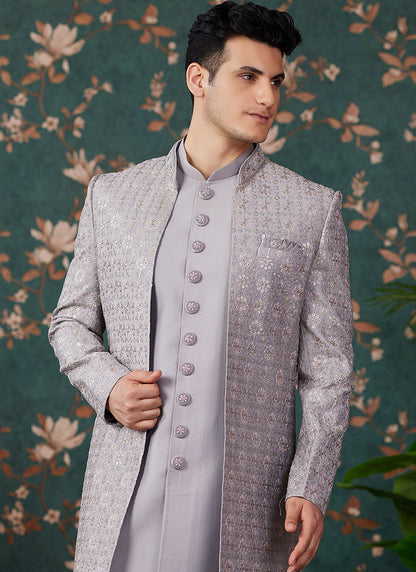 Art Silk Grey Wedding Wear Thread Work Readymade Sherwani 364159