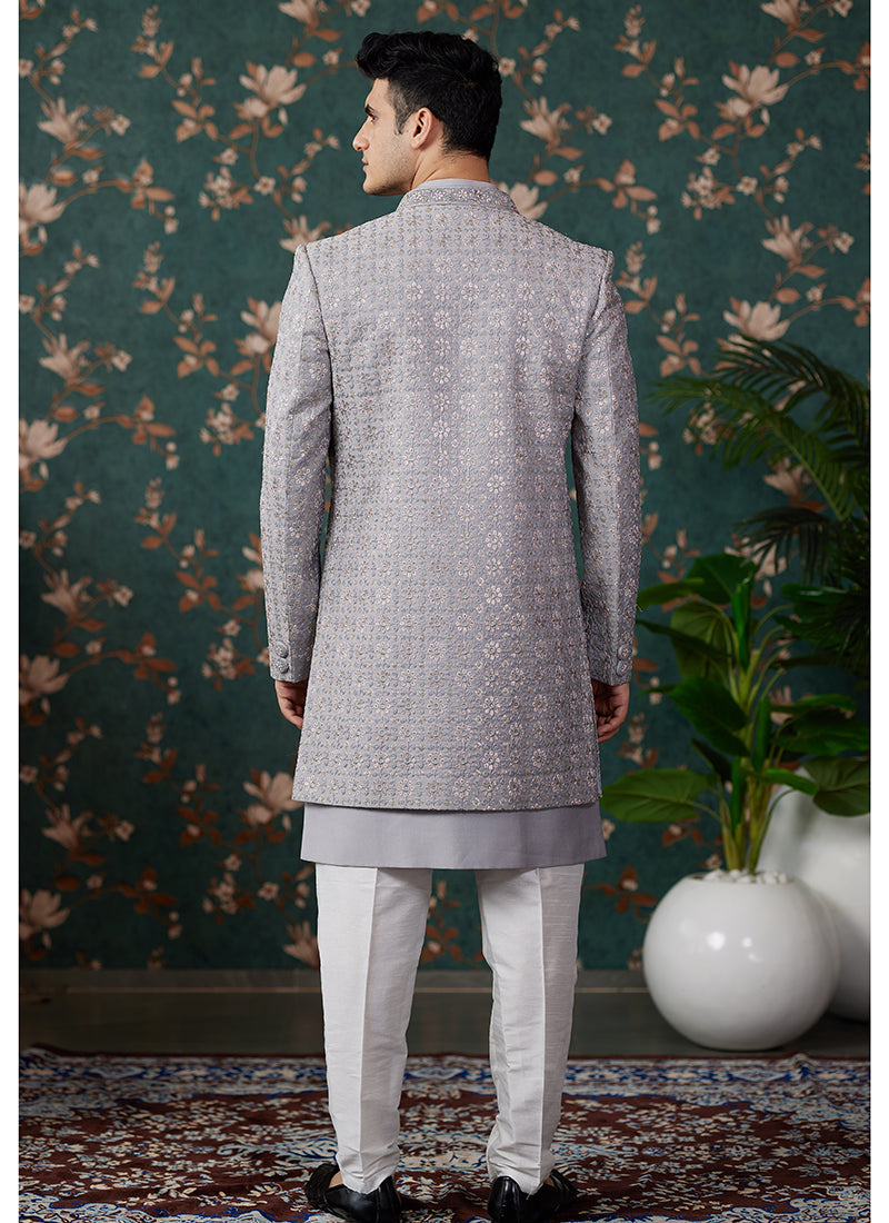 Art Silk Grey Wedding Wear Thread Work Readymade Sherwani 364159