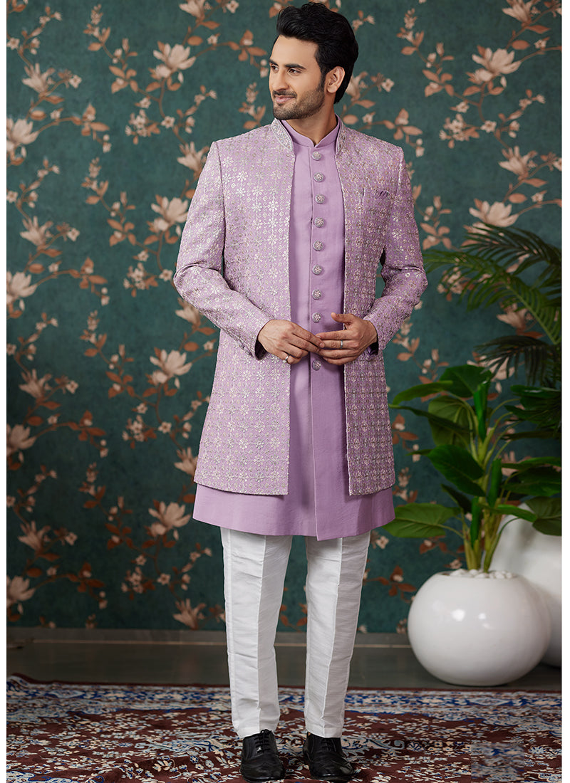Art Silk Light Purple Wedding Wear Thread Work Readymade Sherwani 364160