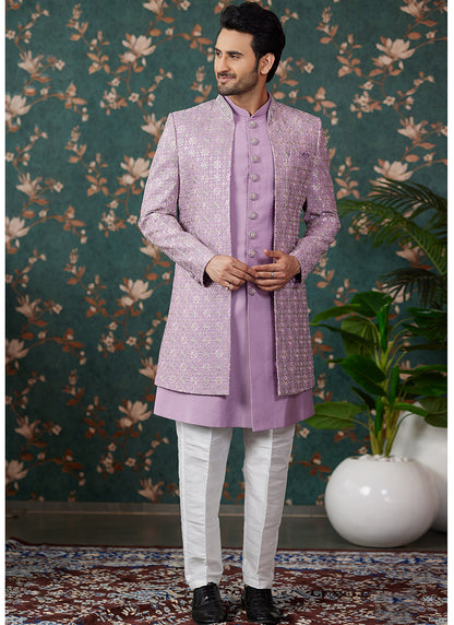 Art Silk Light Purple Wedding Wear Thread Work Readymade Sherwani 364160