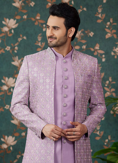 Art Silk Light Purple Wedding Wear Thread Work Readymade Sherwani 364160