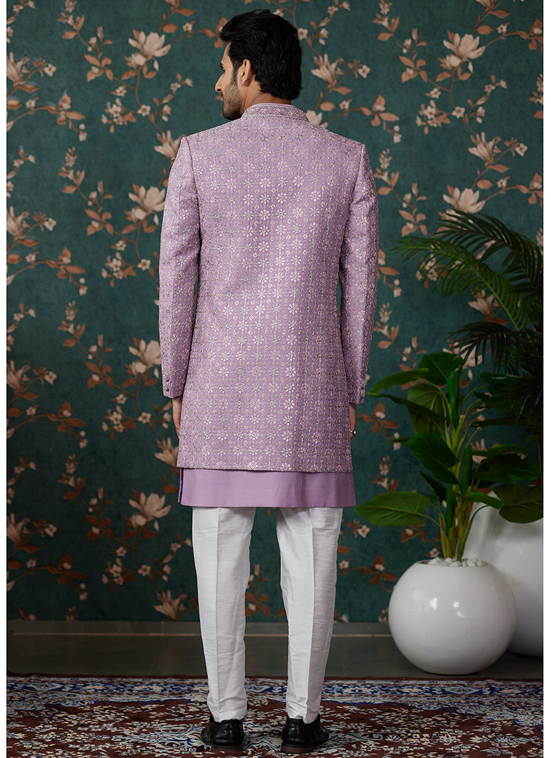 Art Silk Light Purple Wedding Wear Thread Work Readymade Sherwani 364160