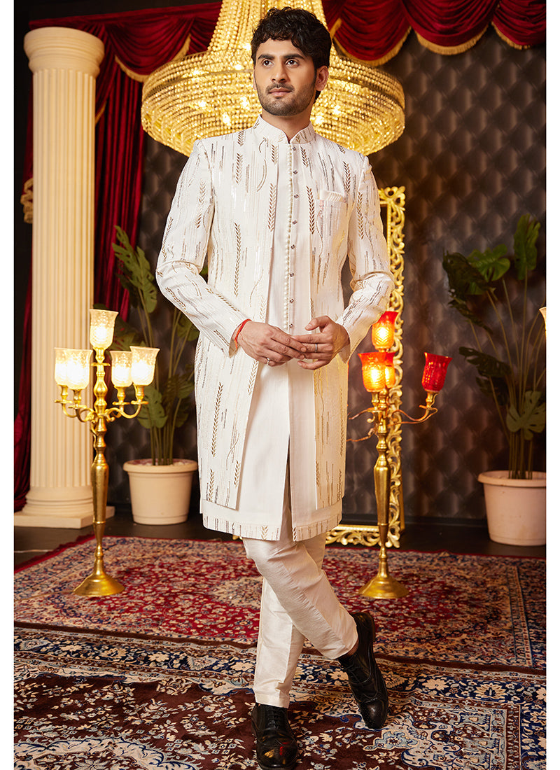 Art Silk Cream Wedding Wear Thread Work Readymade Indo Western Sherwani 364317