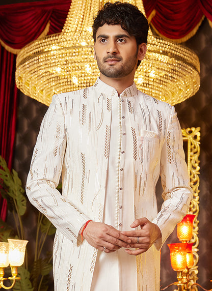 Art Silk Cream Wedding Wear Thread Work Readymade Indo Western Sherwani 364317