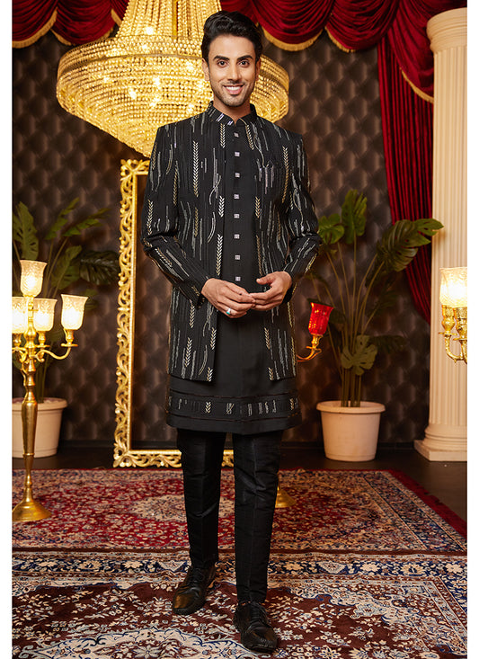 Art Silk Black Wedding Wear Thread Work Readymade Indo Western Sherwani 364318