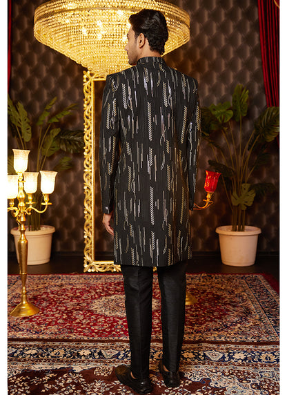 Art Silk Black Wedding Wear Thread Work Readymade Indo Western Sherwani 364318