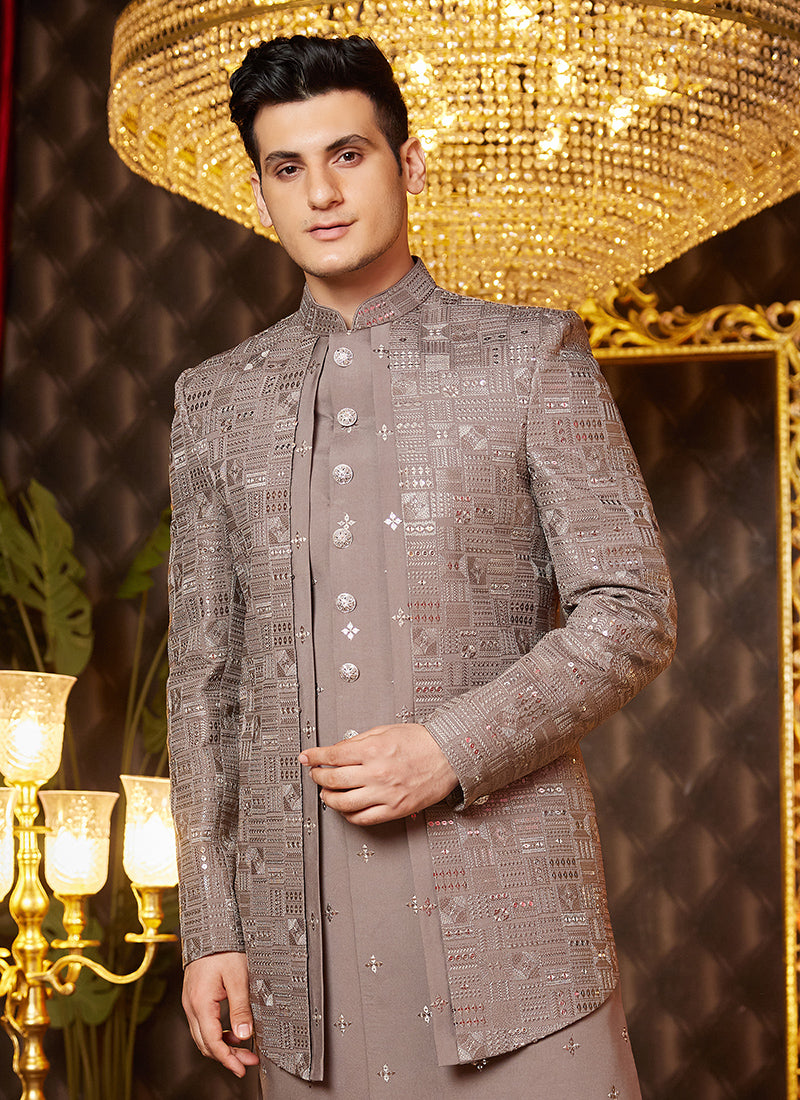 Art Silk Brown Wedding Wear Thread Work Readymade Indo Western Sherwani 364319