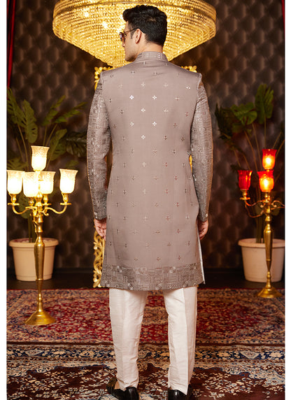 Art Silk Brown Wedding Wear Thread Work Readymade Indo Western Sherwani 364319