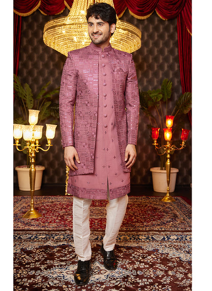 Art Silk Pink Wedding Wear Thread Work Readymade Indo Western Sherwani 364320