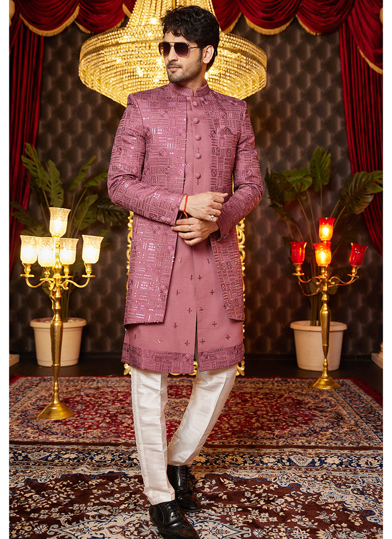 Art Silk Pink Wedding Wear Thread Work Readymade Indo Western Sherwani 364320