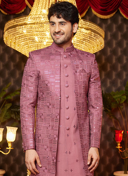 Art Silk Pink Wedding Wear Thread Work Readymade Indo Western Sherwani 364320