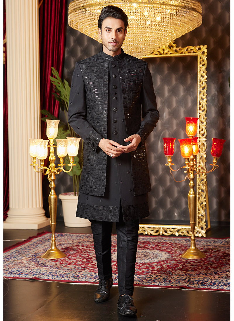 Art Silk Black Wedding Wear Thread Work Readymade Indo Western Sherwani 364321