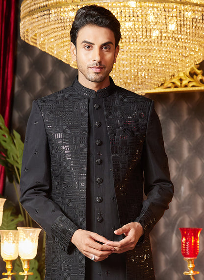 Art Silk Black Wedding Wear Thread Work Readymade Indo Western Sherwani 364321