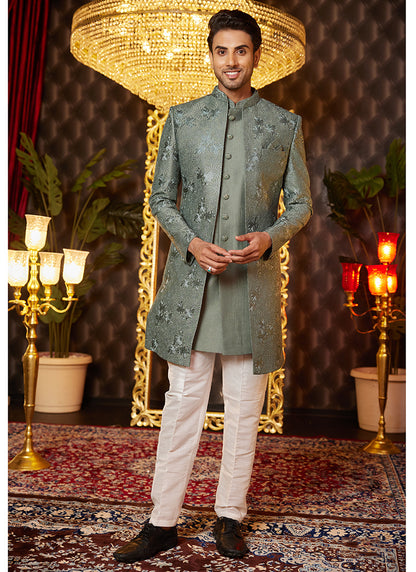 Art Silk Green Wedding Wear Thread Work Readymade Indo Western Sherwani 364322