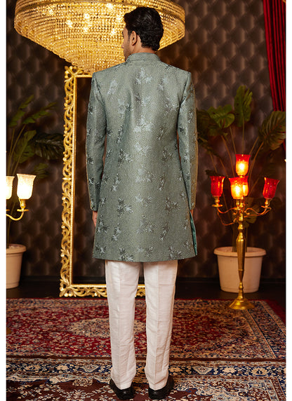 Art Silk Green Wedding Wear Thread Work Readymade Indo Western Sherwani 364322