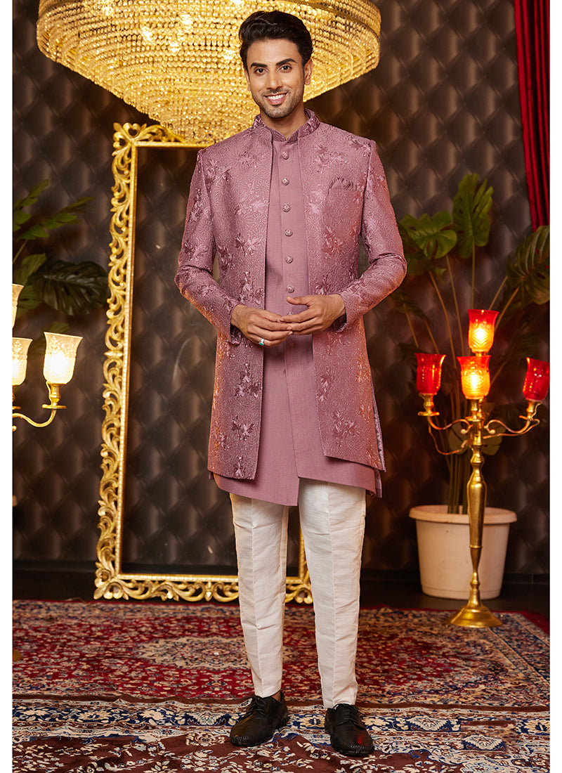 Art Silk Pink Wedding Wear Thread Work Readymade Indo Western Sherwani 364323