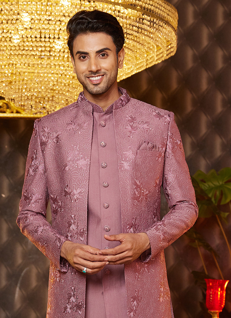 Art Silk Pink Wedding Wear Thread Work Readymade Indo Western Sherwani 364323