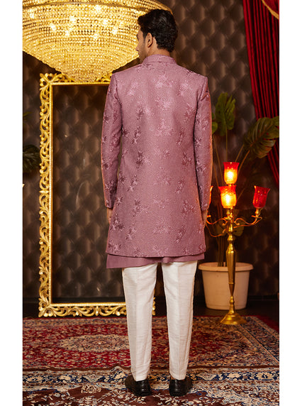 Art Silk Pink Wedding Wear Thread Work Readymade Indo Western Sherwani 364323