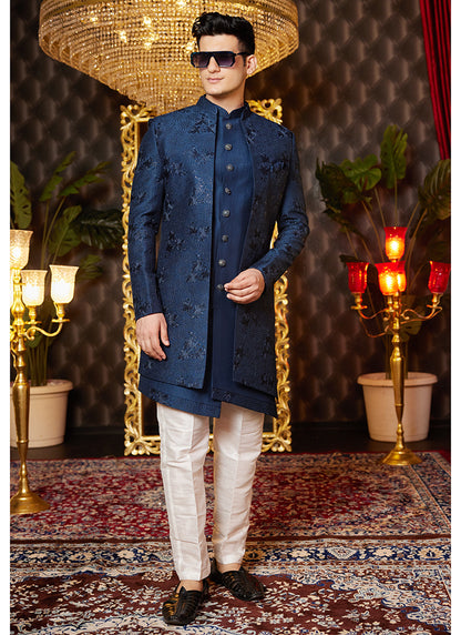 Art Silk Blue Wedding Wear Thread Work Readymade Indo Western Sherwani 364324