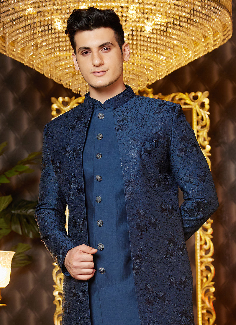 Art Silk Blue Wedding Wear Thread Work Readymade Indo Western Sherwani 364324