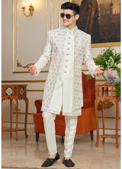 Art Silk Cream Wedding Wear Thread Work Readymade Indo Western Sherwani 366861