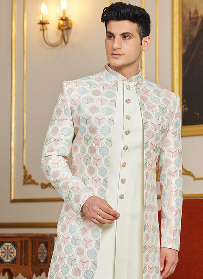 Art Silk Cream Wedding Wear Thread Work Readymade Indo Western Sherwani 366861
