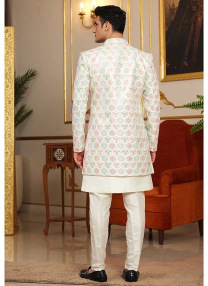 Art Silk Cream Wedding Wear Thread Work Readymade Indo Western Sherwani 366861