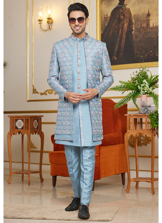 Art Silk Sky Blue Wedding Wear Thread Work Readymade Indo Western Sherwani 366862