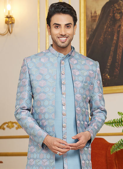 Art Silk Sky Blue Wedding Wear Thread Work Readymade Indo Western Sherwani 366862