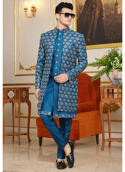 Art Silk Aqua Blue Wedding Wear Thread Work Readymade Indo Western Sherwani 366863