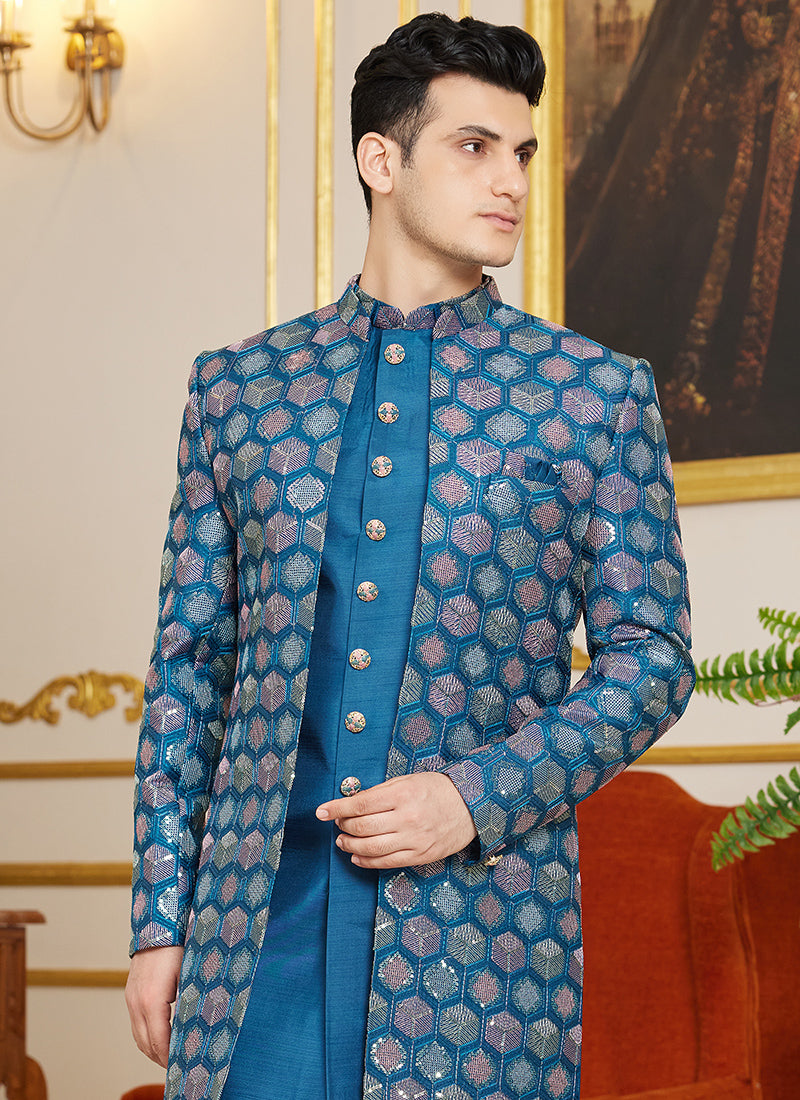 Art Silk Aqua Blue Wedding Wear Thread Work Readymade Indo Western Sherwani 366863
