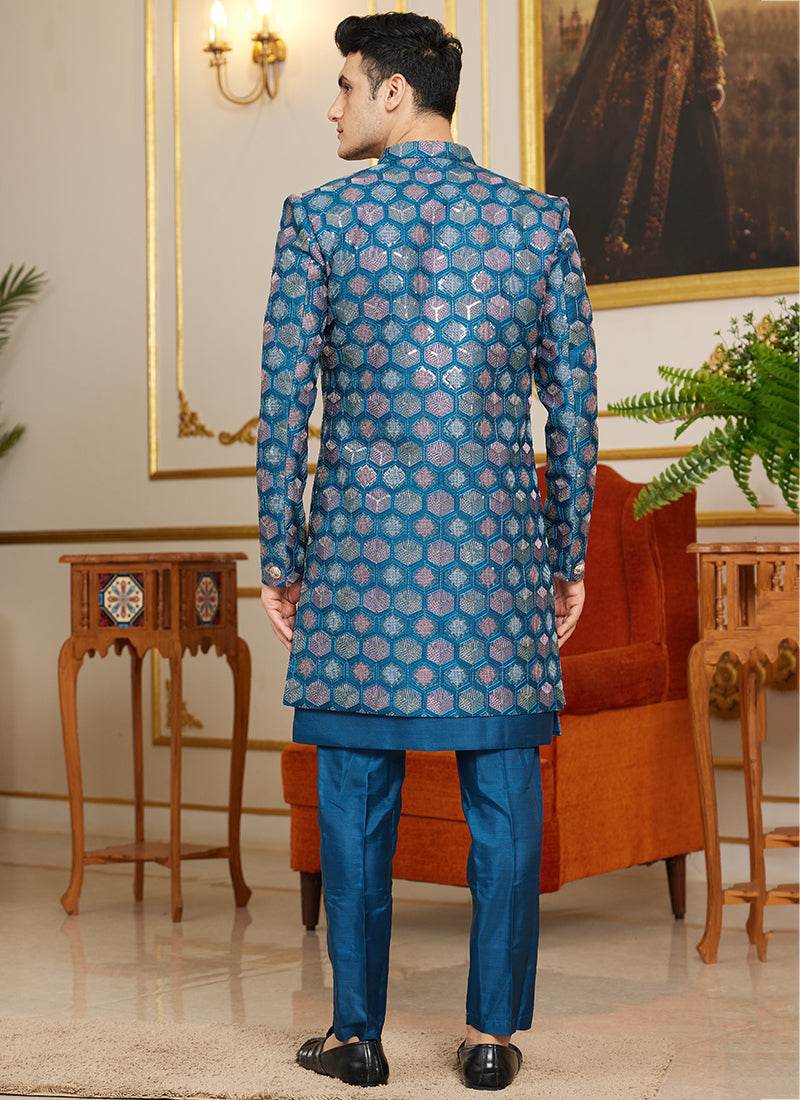 Art Silk Aqua Blue Wedding Wear Thread Work Readymade Indo Western Sherwani 366863