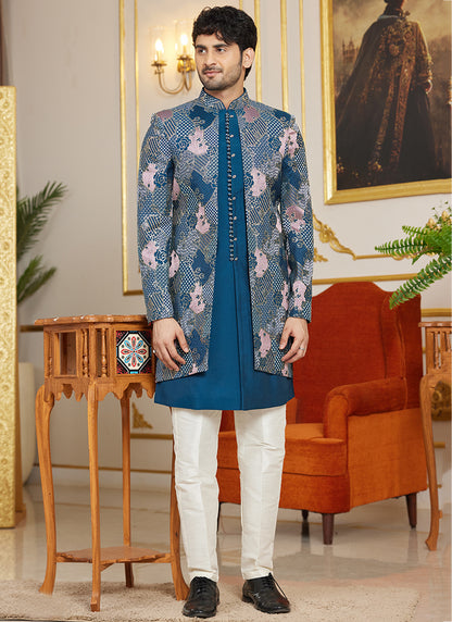 Art Silk Aqua Blue Wedding Wear Thread Work Readymade Indo Western Sherwani 366864