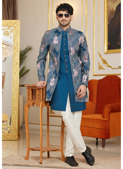 Art Silk Aqua Blue Wedding Wear Thread Work Readymade Indo Western Sherwani 366864