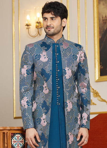 Art Silk Aqua Blue Wedding Wear Thread Work Readymade Indo Western Sherwani 366864