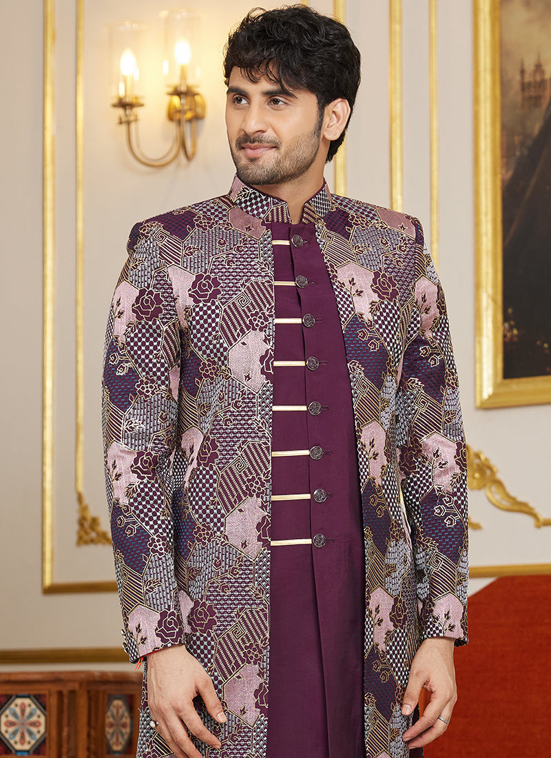 Art Silk Multi Color Wedding Wear Thread Work Readymade Indo Western Sherwani 366865