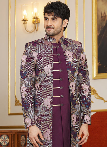 Art Silk Multi Color Wedding Wear Thread Work Readymade Indo Western Sherwani 366865