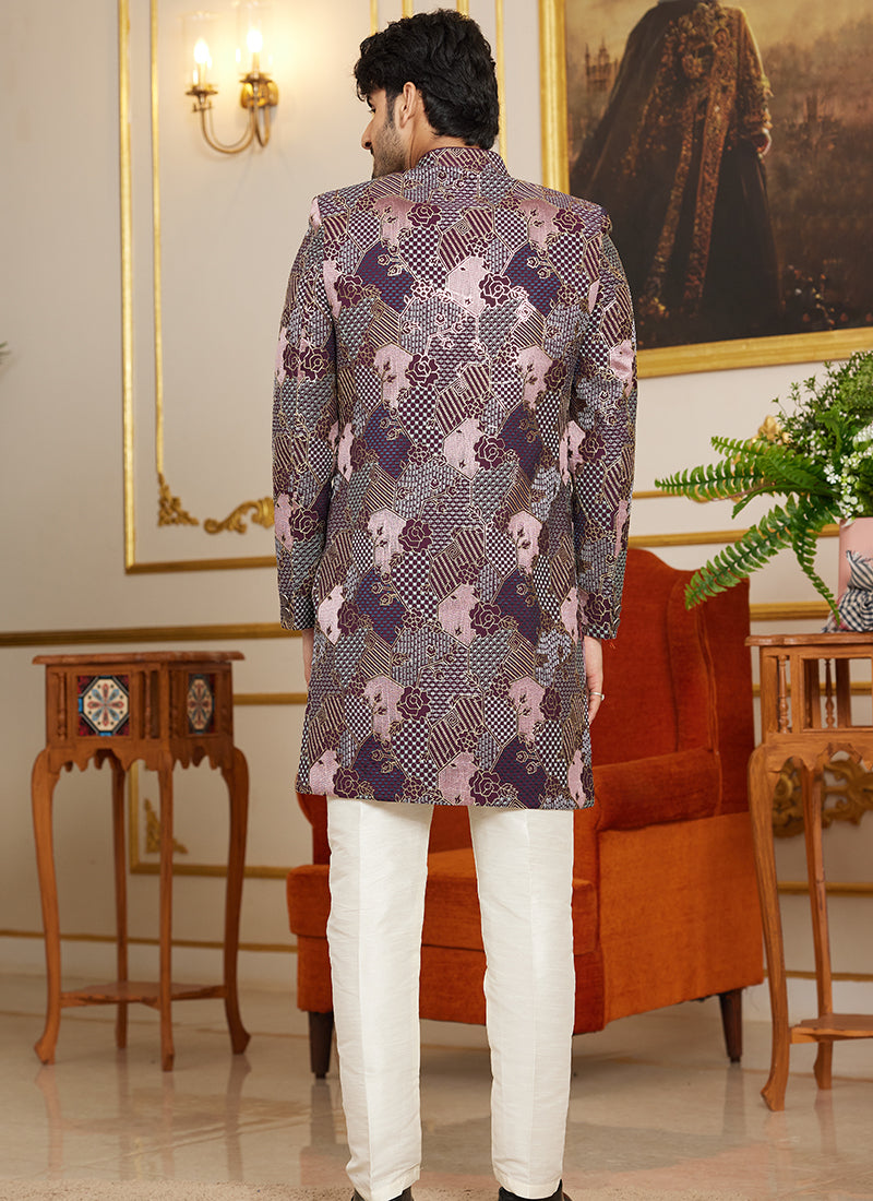 Art Silk Multi Color Wedding Wear Thread Work Readymade Indo Western Sherwani 366865